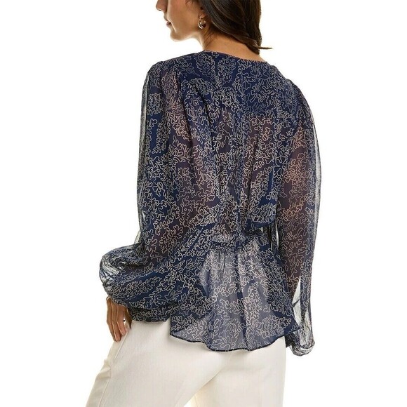 Ted Baker Mildred Blouse Balloon Sleeve Navy Beige Peasant Sheer Top Size 2 US 6 - Picture 2 of 14
